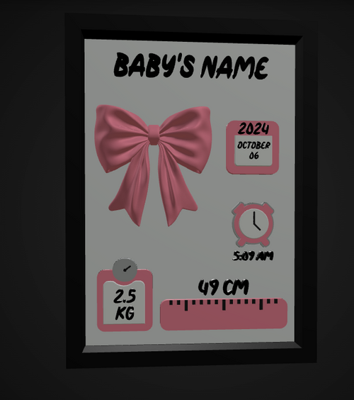 Baby Name Frame with pink ribbon bow, showing baby name, date of birth, time, weight and height